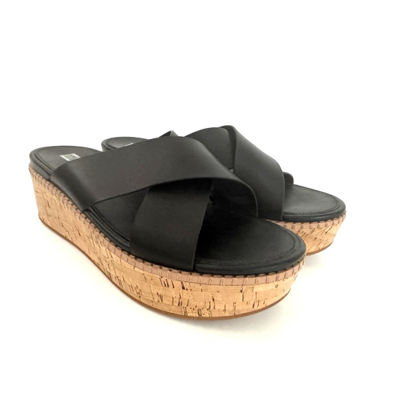 FitFlop Eloise Slide Sandals 11 Criss-Cross Black Leather Cork Wedge Comfort - Picture 2 of 12